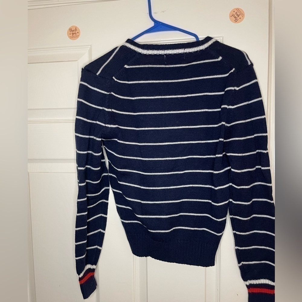 Vintage Women LACOSTE V-Neck Sweater Navy w/White Stripes & Red Crocodile 36/ Sm - Picture 4 of 10